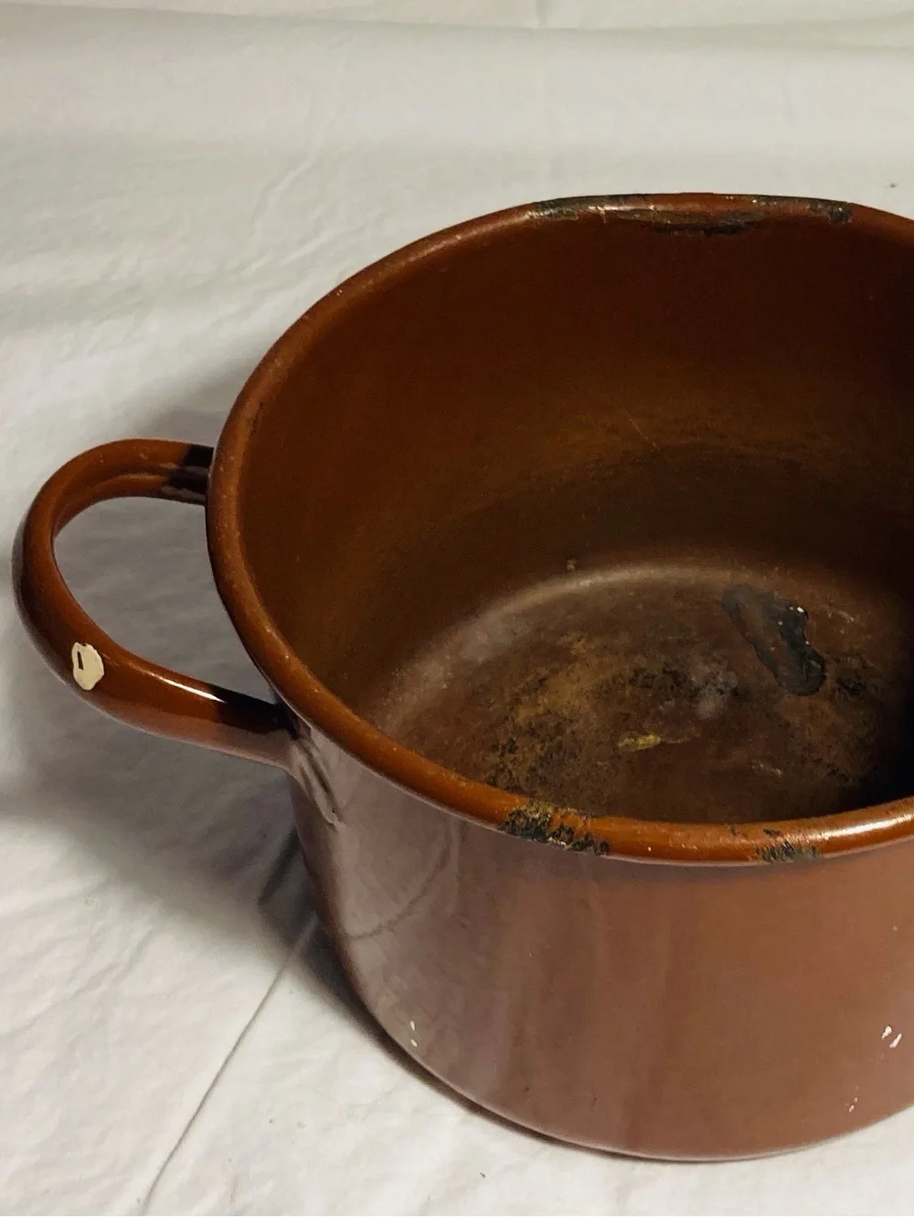 Vintage large enamelware pot in chocolate brown two handles artist paint studio